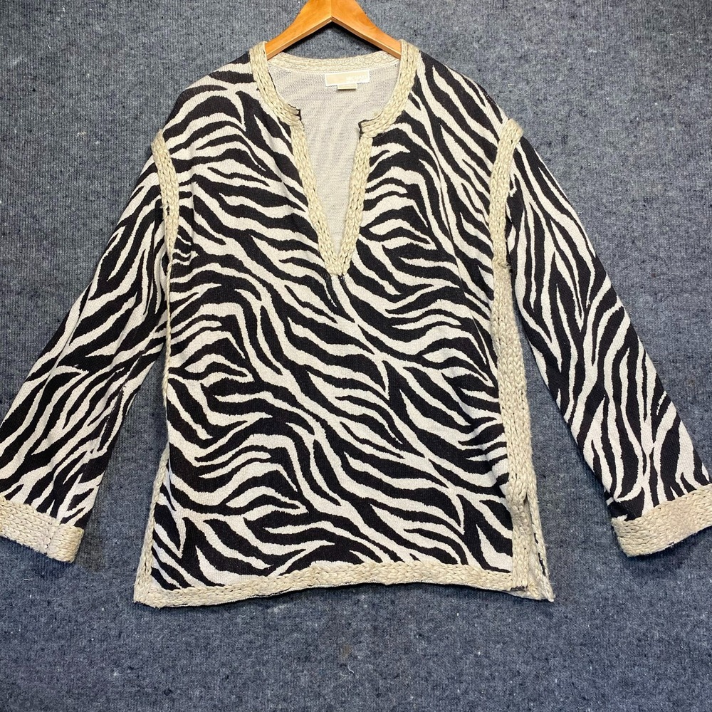 Michael Kors Zebra Animal Print Tunic Women Large Rope Detail Knit Cotton Top